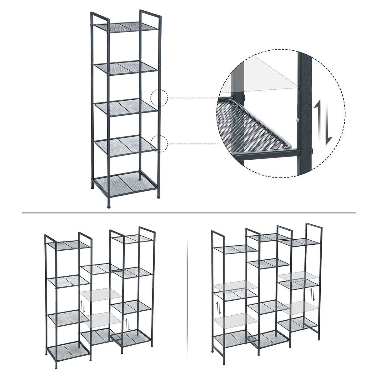 SONGMICS Estanteía de Almacenamiento de 5 Niveles, Estantería de Baño, Soporte de Planta Extensible con Estante Ajustable, para Baño, Salón, Balcón, Cocina, Negro Clásico MBSC35BK