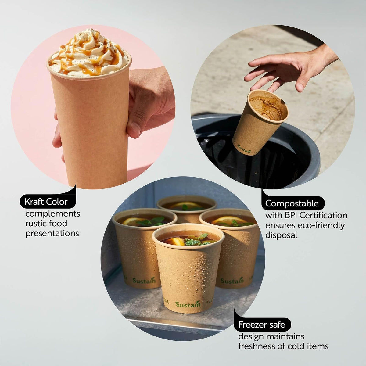 Restaurantware Sustain - Tazas calientes de 4 onzas, 50 tazas de café de una sola pared, tapas se venden por separado, revestimiento de PLA a prueba de fugas, taza de papel kraft compostable, tolera