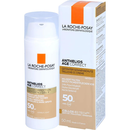 La Roche-Posay Anthelios AgeCorrect Protector Solar Antiedad Color 50ml | Reduce Arrugas, Corrige Manchas, Unifica el Tono, con Ácido Hialurónico y Niacinamida