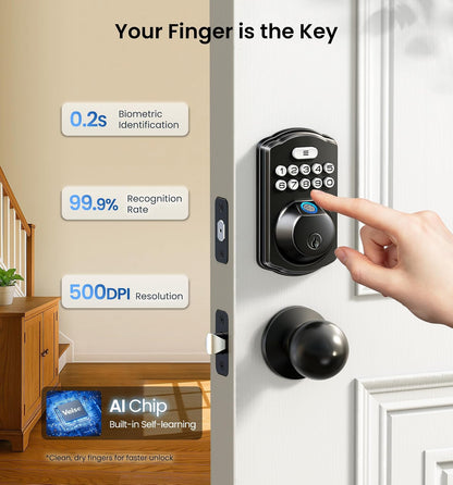 Veise KS02A - Cerradura de puerta de entrada sin llave de huellas dactilares, bloqueo automático, cerrojo electrónico para puerta delantera, biométrico, contraseña antipeeping, fácil instalación