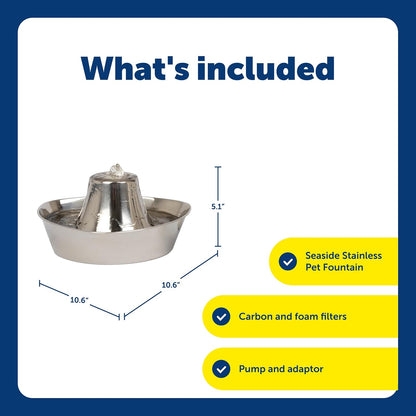 PetSafe Seaside Stainless Cat & Dog Fountain - 2 Water Filters & 1 Pump Included - Tower Creates Soothing Flow for Pets - Scratch- and Rust-Resistant Material Inhibits Pet Acne - 60 Oz Water Capacity
