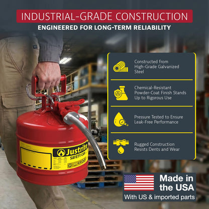 Justrite 7250130 Galvanized Steel, AccuFlow Type II Red Safety Can with 1" Flexible Spout, Large ID zone, Meets OSHA & NFPA For Handling Hazardous liquids. 5 Gallon (19L) Size.