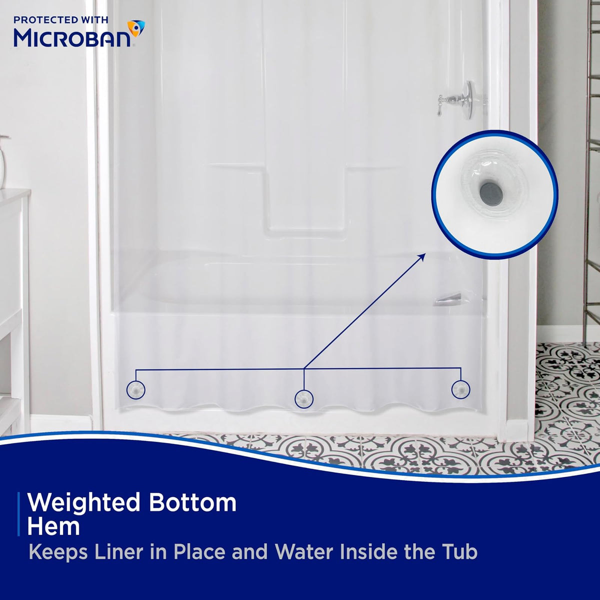 Kenney MB61160 Microban Protector de cortina de ducha impermeable de PEVA de calibre 4.8 con ojales de metal resistentes al óxido y dobladillo magnético pesado para baño, 70 pulgadas de ancho x 72 pulgadas de alto, transparente, 1 paquete