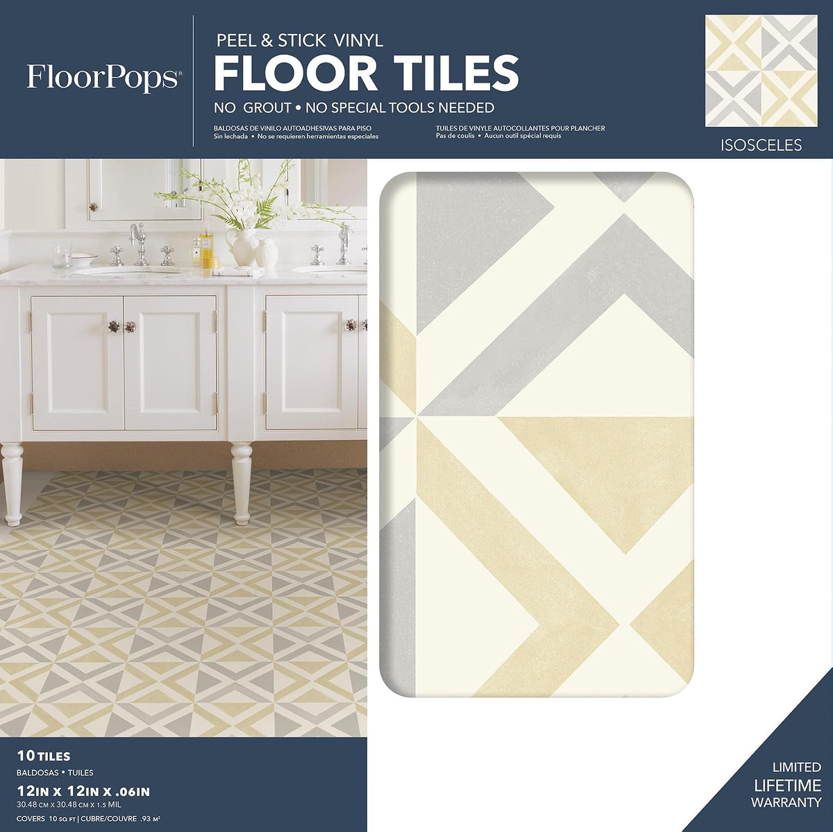 FloorPops Isosceles - Azulejos para despegar y pegar, blancos y blanquecinos