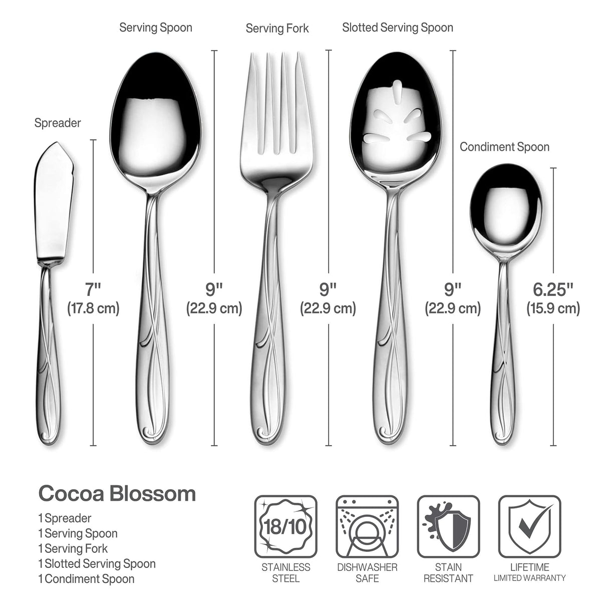 Mikasa Cocoa Blossom - Juego de cubiertos de acero inoxidable, 65 piezas, con utensilios para servir, servicio para 12
