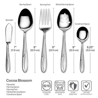 Mikasa Cocoa Blossom - Juego de cubiertos de acero inoxidable, 65 piezas, con utensilios para servir, servicio para 12