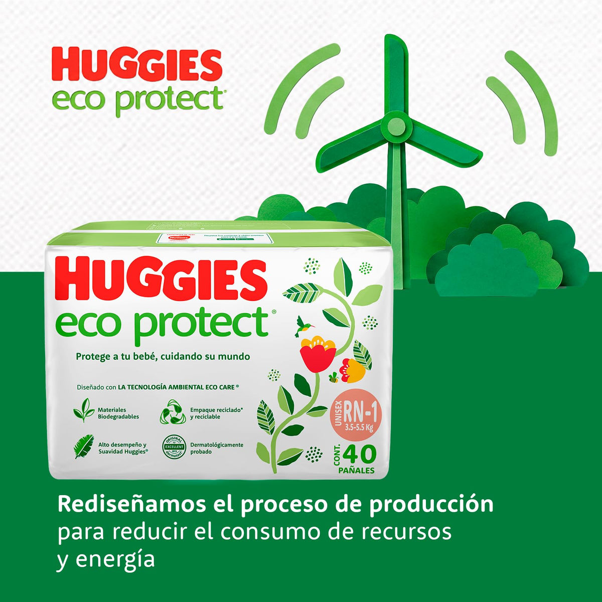 Huggies Eco Protect Pañal Desechable para bebé, Unisex, Etapa Recién Nacido - 1, Caja con 160 Pañales Desechables, Ideal para Bebés de 3 a 5.5 kilogramos