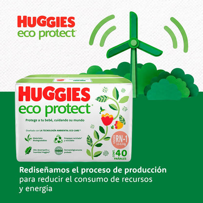 Huggies Eco Protect Pañal Desechable para bebé, Unisex, Etapa Recién Nacido - 1, Caja con 160 Pañales Desechables, Ideal para Bebés de 3 a 5.5 kilogramos