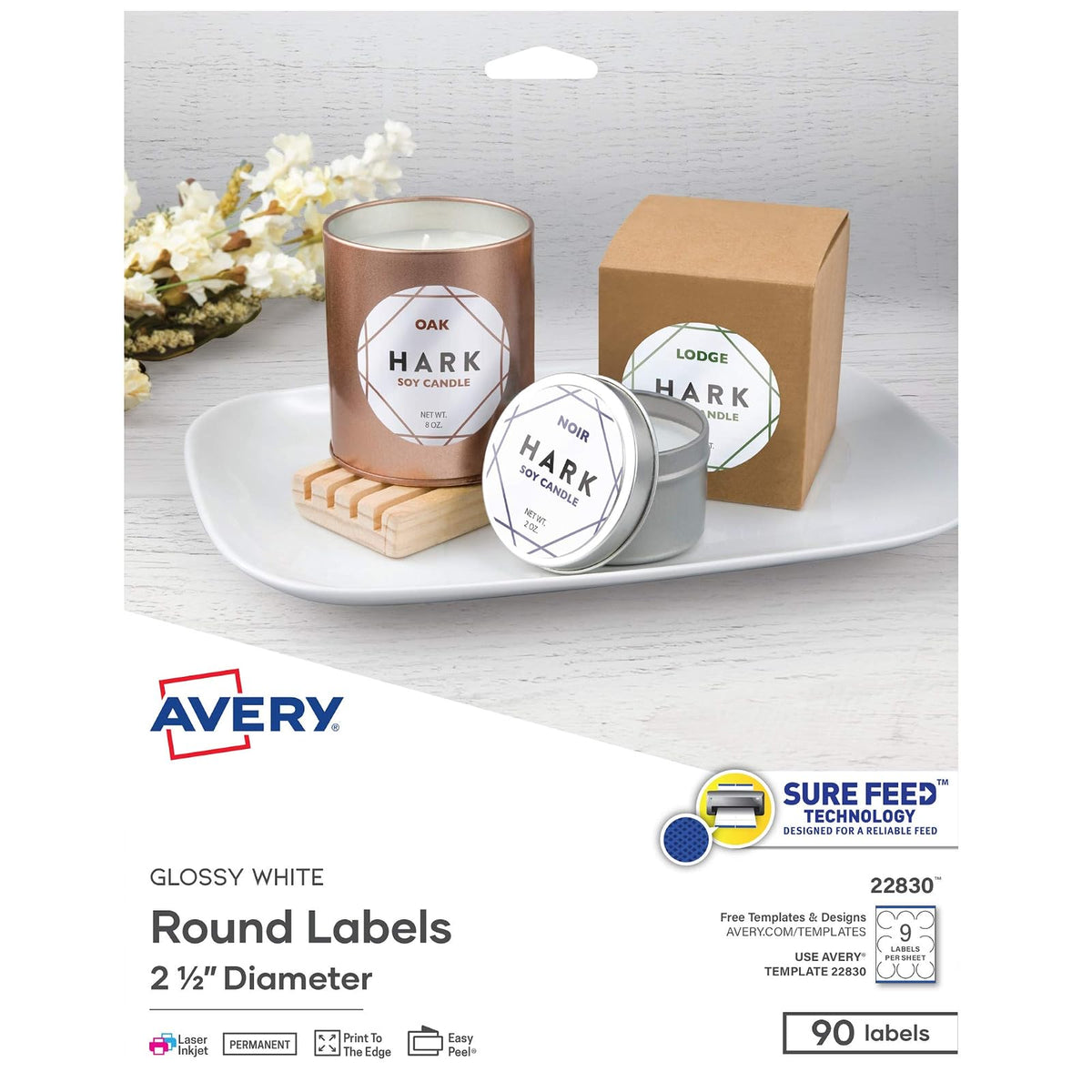 Avery 22830 Etiqueta Redonda Blanca Brillante 6.4 cm paq 90