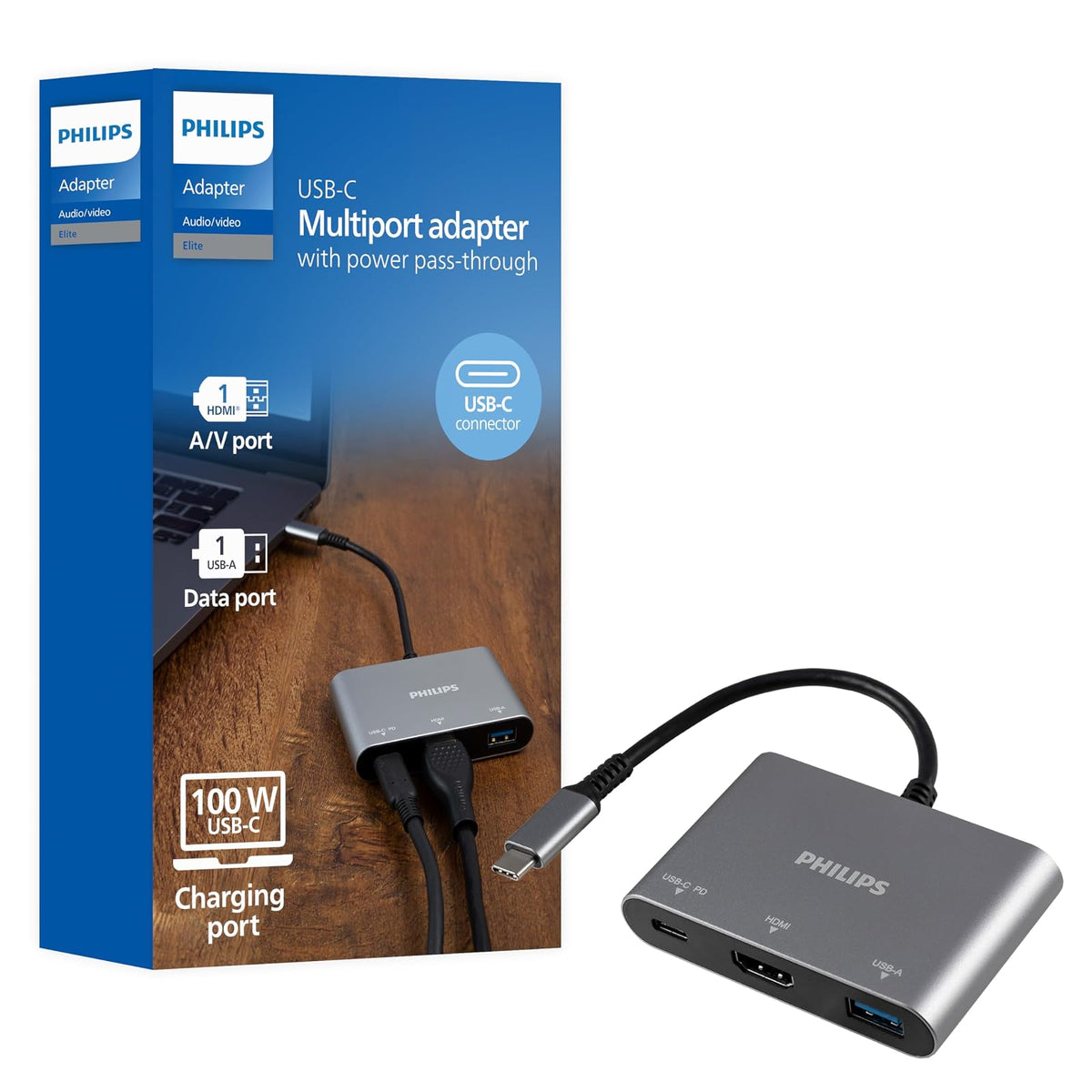 Philips Adaptador de concentrador USB C a multipuerto, paso de alimentación 3 en 1, HDMI 4 K a 30 Hz, puerto de carga USB C de 60 W, puerto USB 3.0 de 5 Gbps para MacBook Pro, MacBook Air, estación de