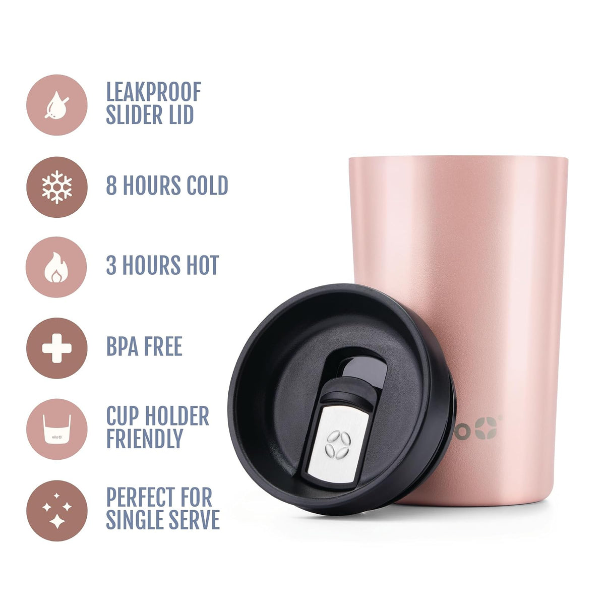 Ello Jones - Taza de café de viaje de acero inoxidable, 325 ml, Rosegold