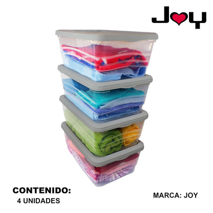 JOY Caja de almacenamiento de Plástico con Tapa, Paquete de 4, Capacidad de 16 Litros, Cajas Apilables para Organizar el Armario, Suministros Escolares (40x27x16 cm)