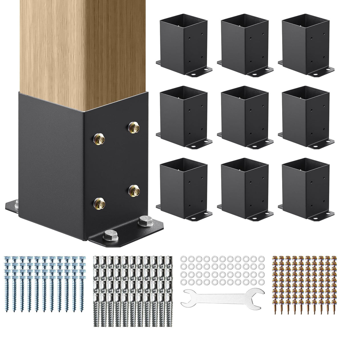VEVOR 10 Piezas Soportes para Postes de Madera 4" x 4"(102x102 mm) Base Interna de Poste de Acero al Carbono para Anclaje de Poste con Recubrimiento en Polvo para de Soporte, Terraza, Negro