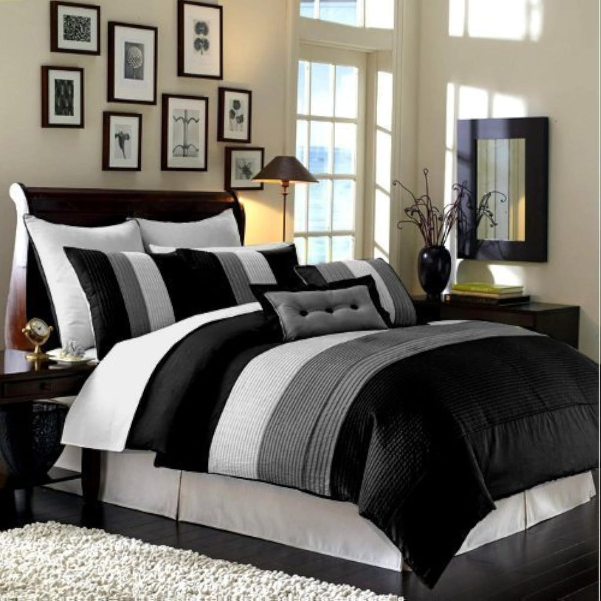 Chezmoi Collection Loft Juego de Edredón de 8 Piezas a Rayas - King - Negro - Gris - Blanco