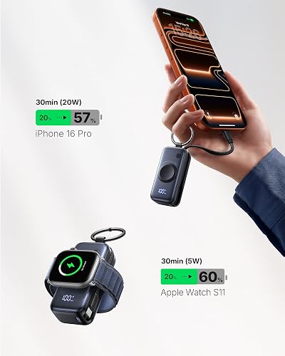 INIU Cargador portátil 3 en 1, pequeño Banco de energía de 5000 mAh con Cable USB C Incorporado y Cargador de Reloj, Paquete de batería de Carga rápida PD de 20 W, Cargador de Viaje para iPhone 16 15