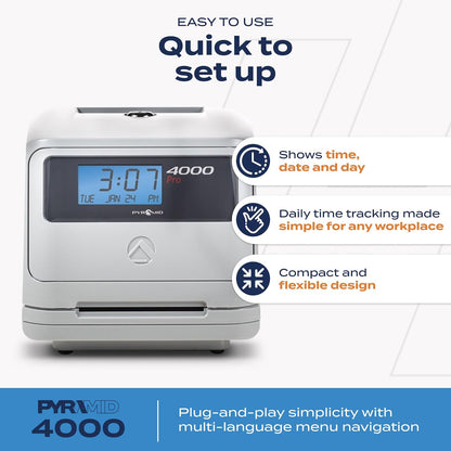 Pyramid Time Systems - Reloj de Tiempo automático Modelo 4000, Reloj electrónico para pequeñas Empresas, el Paquete Incluye: 25 Tarjetas de Tiempo, Cinta y 2 Llaves de Seguridad, Color Plateado (7.25
