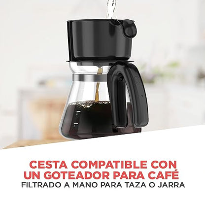 Black+Decker Cafetera 5 Tazas con Jarra de Vidiro y Vaso Personal, CM0755S | Termo de acero inoxidable, filtro permanente y cesta removible, compatible con goteador para café filtrado a mano