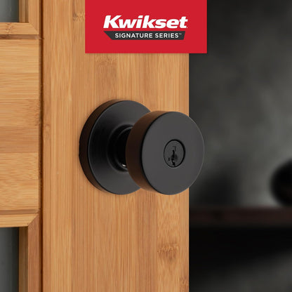 Kwikset Pismo - perilla para puerta de entrada con cerradura y llave, mango con llave segura exterior, entrada frontal y recámara, negro mate, resistente a la púa SmartKey Rekey Security y Microban