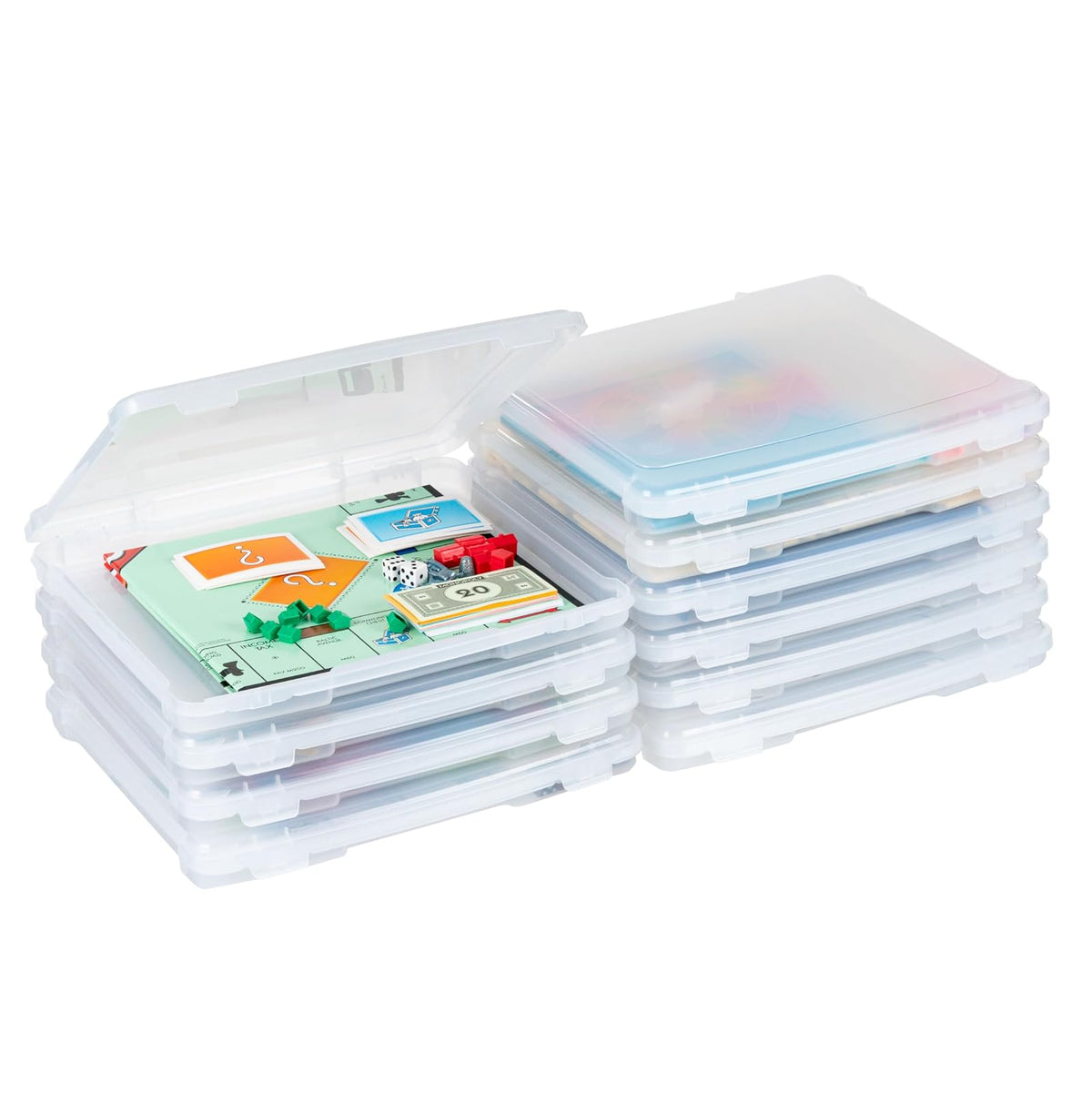 IRIS USA Organizador para Juegos de Mesa, 10 Estuches Delgados, Claro | Compatible con papel 8.5"x11" y A4, asas integradas, tapas de cierre seguro, ideal para rompecabezas y manualidades