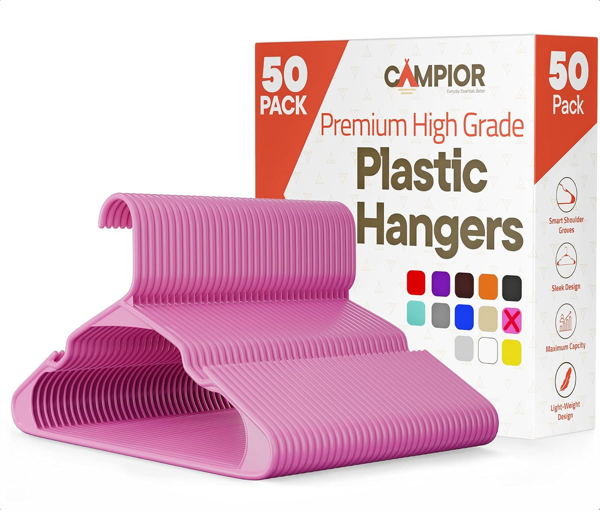 Campior Premium Clothes Hangers – Space-Saving Slim Design, Lightweight and Durable Plastic with Smart Shoulder Grooves, Versatile Usage for Organizing Laundry, Coats, and Clothes, Pink, Pack of 50 - 50 Pack - Rosa