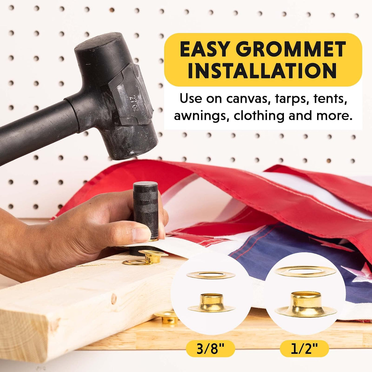 General Tools Kit de ojales de 3/8"-1/2" – Ojales de latón macizo inoxidables para reparación de lonas, lienzos de refuerzo y anillos de tela