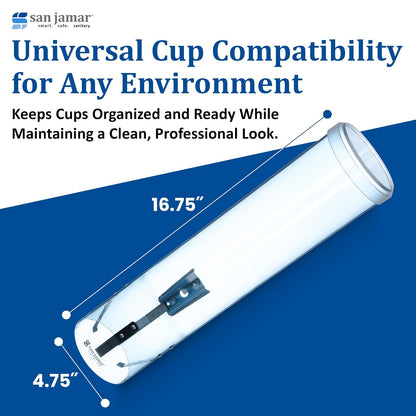 San Jamar - Dispensador grande de tazas tipo tirón de 6 a 12 onzas, tazas planas, taza de cono de 4 a 7 onzas con tapa abatible para restaurantes, hogar y oficina, plástico, 16 pulgadas, azul ártico
