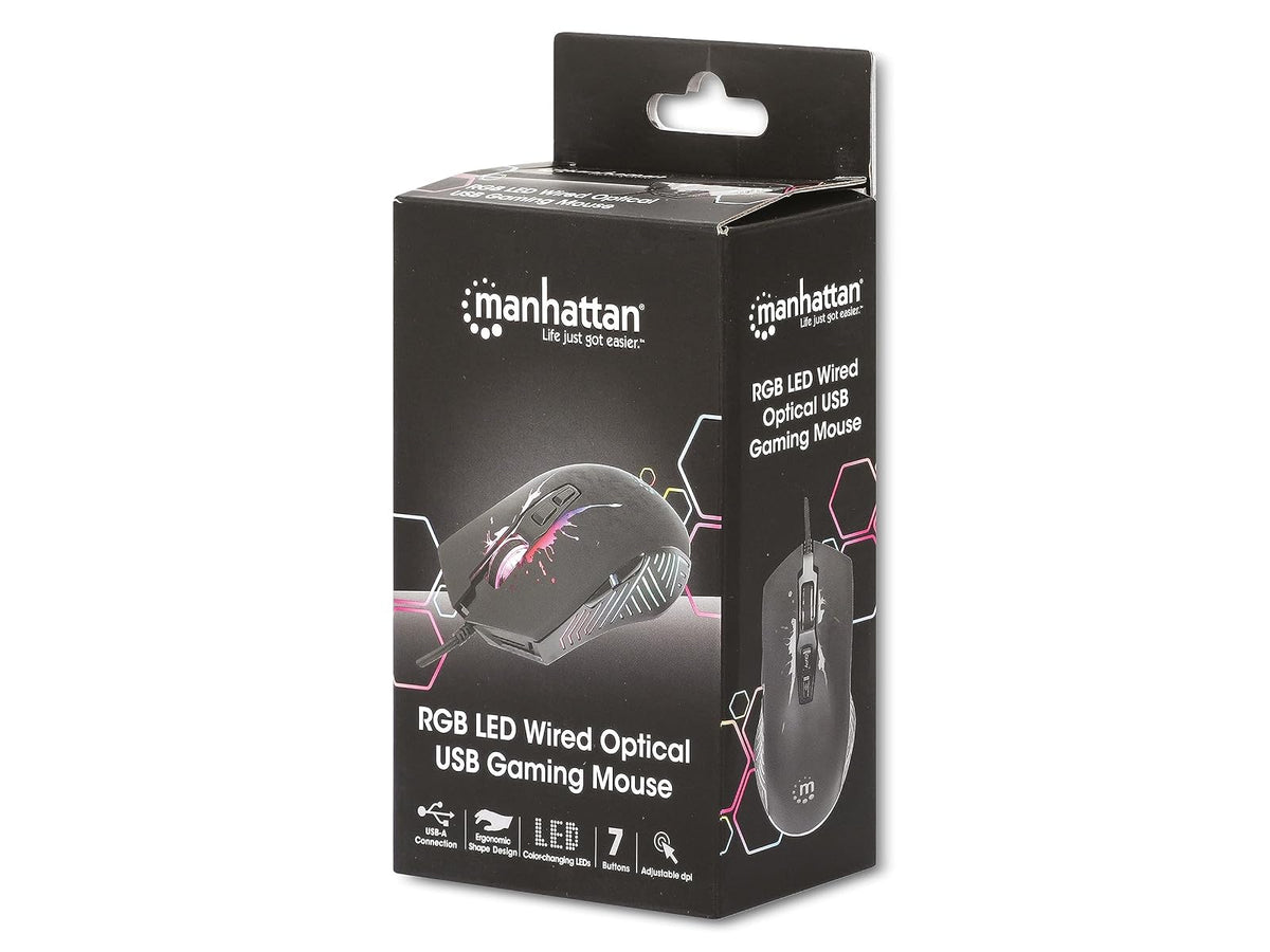 Manhattan 190220 Mouse Gaming Óptico cableado USB con iluminación LED, Siete Botones con Rueda de Desplazamiento, 7200 dpi Ajustables