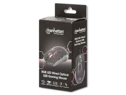 Manhattan 190220 Mouse Gaming Óptico cableado USB con iluminación LED, Siete Botones con Rueda de Desplazamiento, 7200 dpi Ajustables