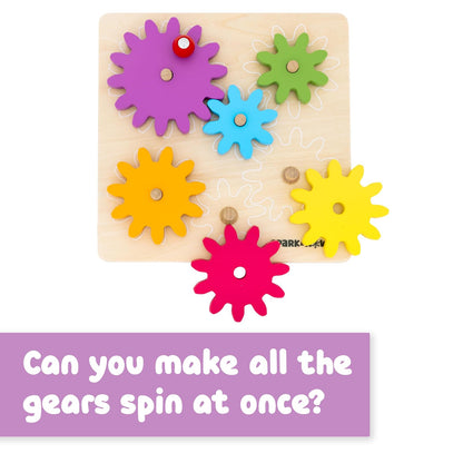 SPARK & WOW Spinny Gears - Tabla de Engranajes de Madera con 6 Piezas en 3 tamaños - Rompecabezas de Engranajes para niños - CREA Combinaciones Coloridas y giratorias