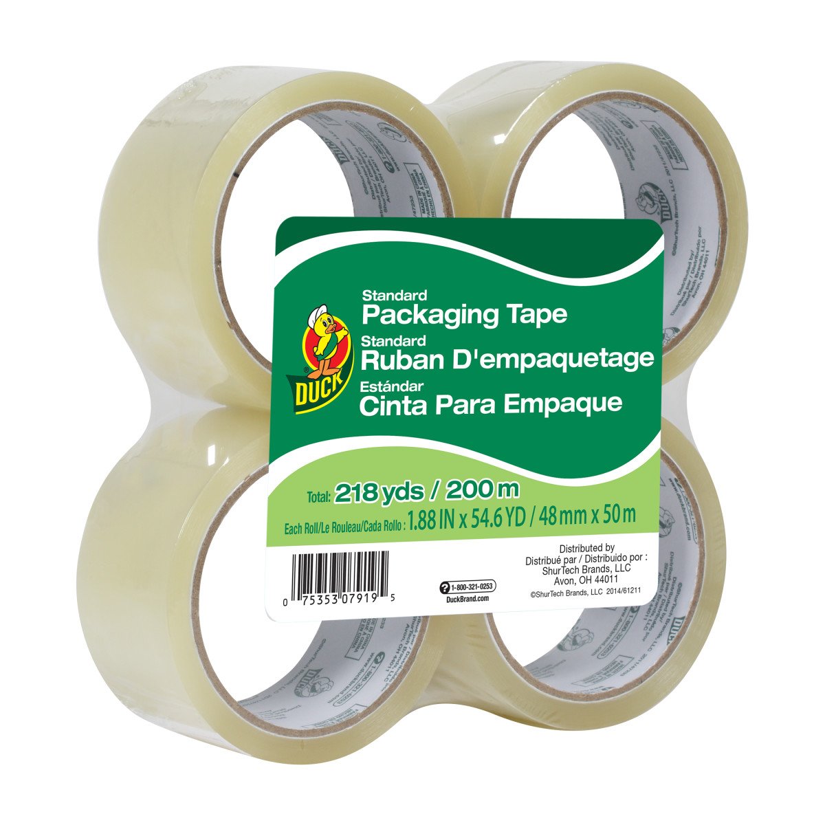 Pato marca estándar Grade cinta de embalar, Paquete de 4, Clear/Standard