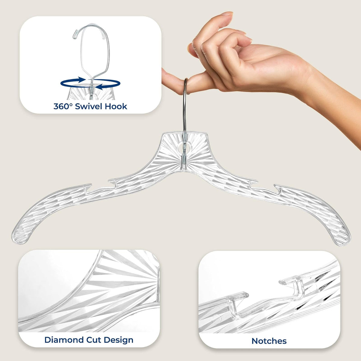 SereneLife - Paquete de 24 Perchas de plástico Transparente, Ligeras, Antideslizantes, con Hombros con Muescas y Gancho Giratorio para Ropa, Camisas, Trajes, Vestidos, Chaquetas, diseño Ultrafino Que