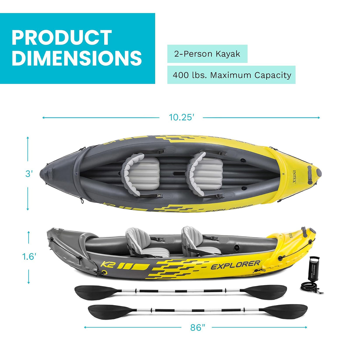 Intex 68307EP Explorer K2 Inflatable Kayak Set: Includes Deluxe 86in Aluminum Oars and High-Output Pump – SuperStrong PVC – Adjustable Seats with Backrest – 2-Person – 400lb Weight Capacity