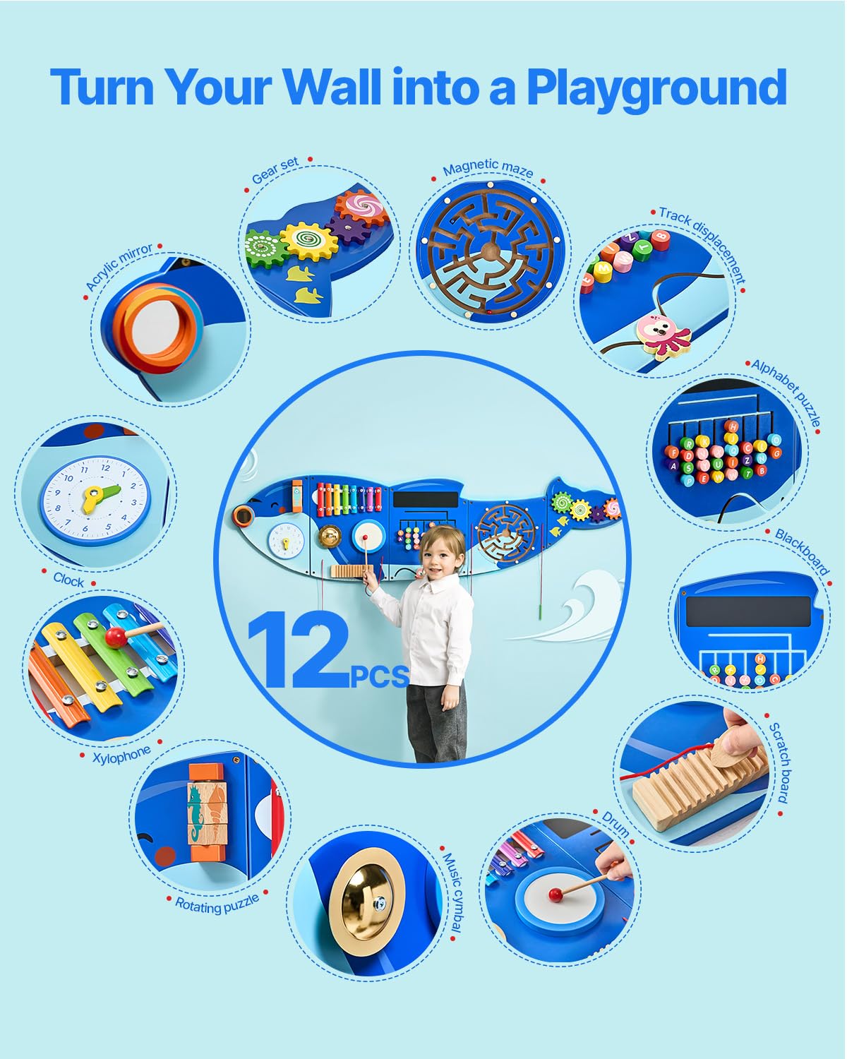 VEVOR Paneles de Actividades de Pared con Forma de Orca, 12 Actividades, Juguete Sensorial de Pared Montessori para Niños de 3 a 12 Años para Salas de Juegos Infantiles y Aulas de Guardería