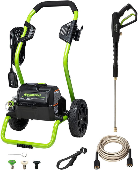 Greenworks - Lavadora a presión eléctrica de 2000 PSI (13 amperios) (Ruedas para Transporte/Manguera de 20 pies/Cable de alimentación de 35 pies), Ideal para Automóviles, cercadas, Patios, entradas