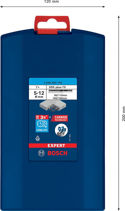 Bosch Juego de Brocas EXPERT SDSPlus7X 7und | Para piedra blanda, piedra dura, Ø 5,00, 6,00, 8,00, 6,00, 8,00, 10,00, 12,00 mm, accesorio profesional martillo giratorio