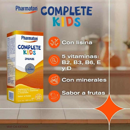 Pharmaton Complete Kids Suplemento Alimenticio en Jarabe, 200 ml. Complementa las Deficiencias de Vitaminas y Minerales en Niños de 4 a 12 años