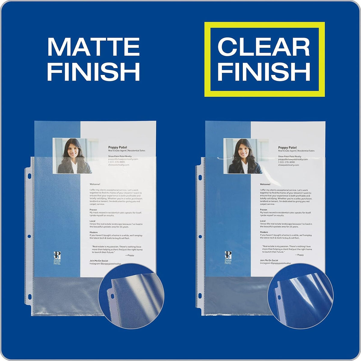 Protectores de hoja Oxford, acabado transparente, carga superior, mangas de plástico tamaño carta, perforador reforzado de 3 agujeros para carpetas, hojas para carpeta de 3 anillos, 100 por caja