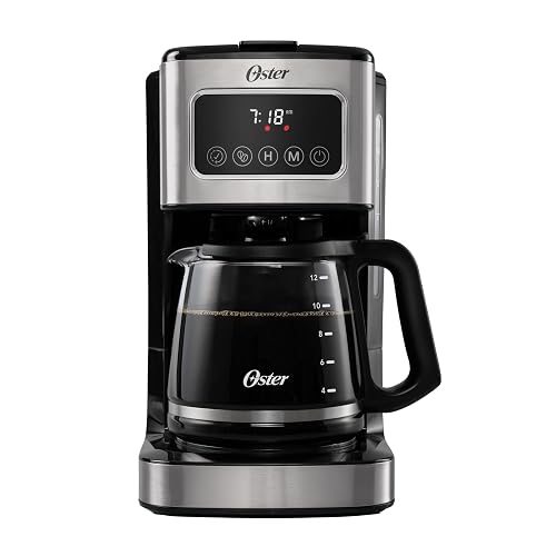 Oster Cafetera de Goteo Programable Capacidad 12 Tazas, Pantalla Táctil LED | Programa el café hasta 24 hrs de anticipación, pausa para servir, apagado automático, filtro reutilizable,