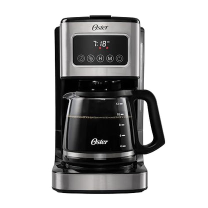 Oster Cafetera de Goteo Programable Capacidad 12 Tazas, Pantalla Táctil LED | Programa el café hasta 24 hrs de anticipación, pausa para servir, apagado automático, filtro reutilizable,
