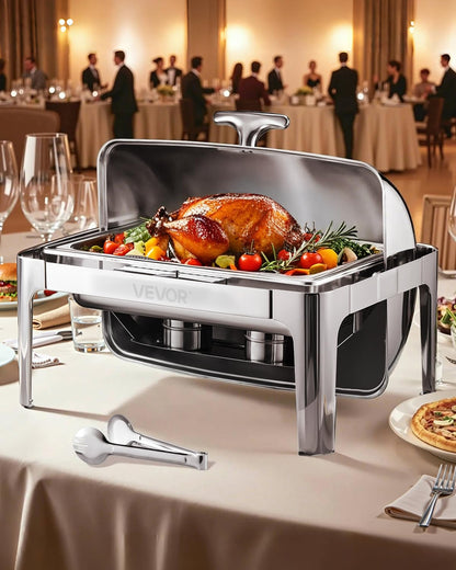 VEVOR Juego de Calentador de Alimentos Acero Inoxidable con Sartenes(8,5 L), Rectangular, Tapa Enrollable y Soporte para Bandeja Agua y Depósito de Combustible, para Bufé, Plata, Gran Capacidad