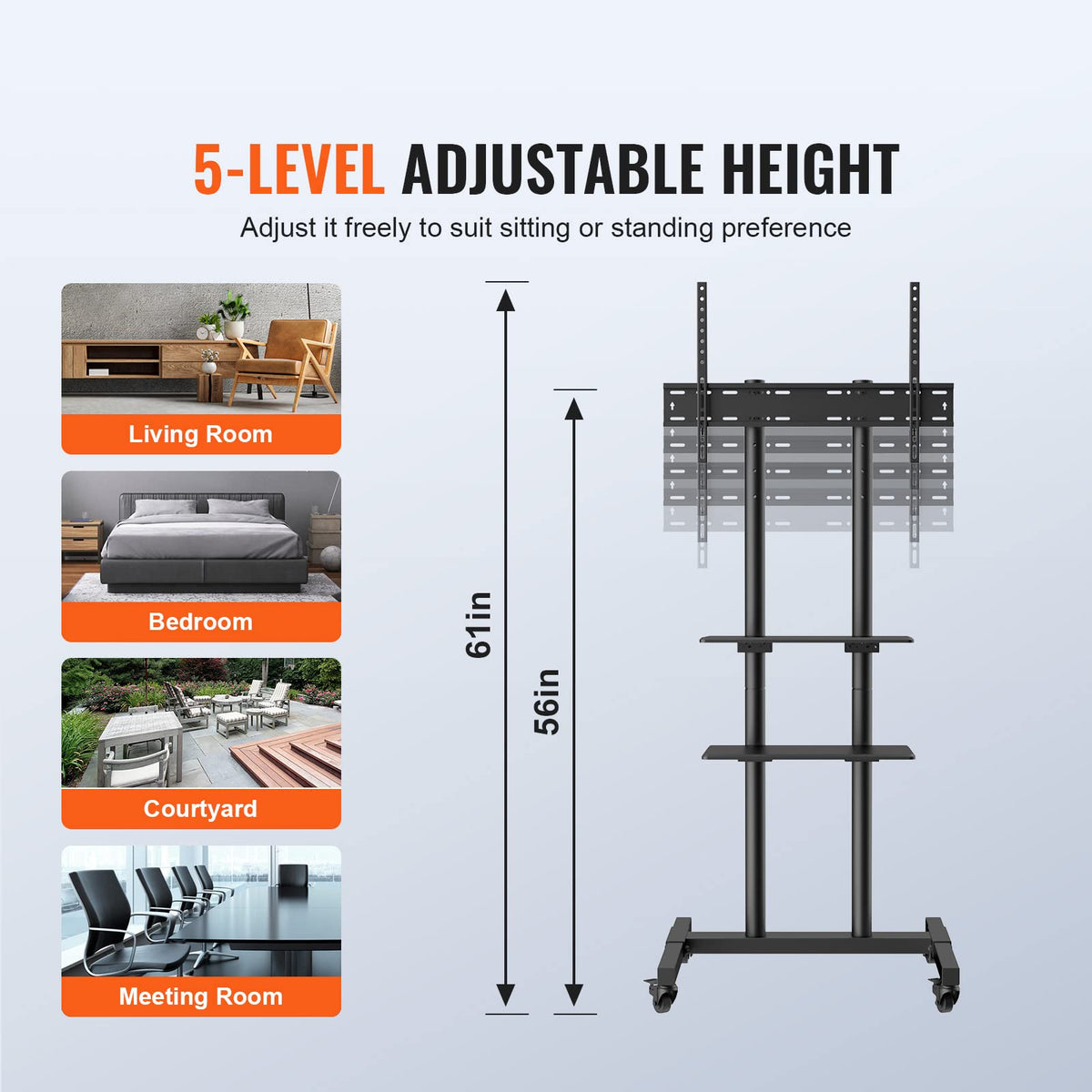 VEVOR - Soporte de TV móvil, Carrito de TV móvil para televisores de 32 a 70 Pulgadas, Soporte de TV portátil de Altura Ajustable con Ruedas, Bandeja Doble para Dispositivos audiovisuales, Soporte de