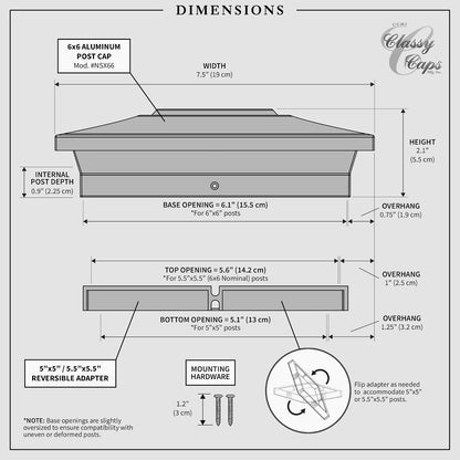 Classy Caps 6x6 Aluminium Posts Cap - Compatible 5"x5", 5.5"x5.5" & 6"x6" Cubierta y valla, Aluminio fundido - Heavy Duty Negro