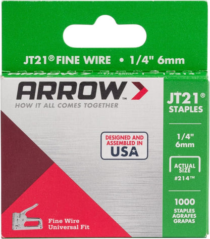 Arrow Fastener Grapas JT21 214 | 1/4 pulgada, caja 1000 grapas, corona plana ancho 7/16 pulgadas