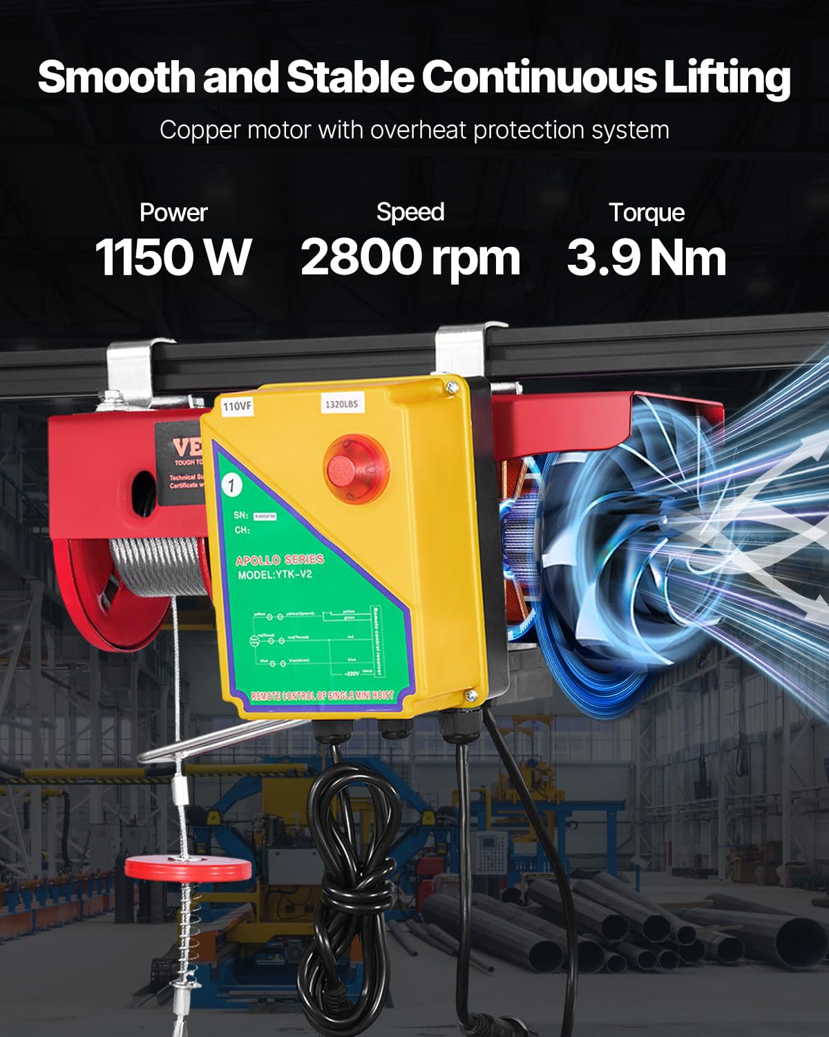 VEVOR - Polipasto eléctrico de 1200 libras con control remoto inalámbrico, polipasto eléctrico de 110 V con control remoto, altura de elevación de 40 pies/20 pies y motor de cobre puro, para fábrica