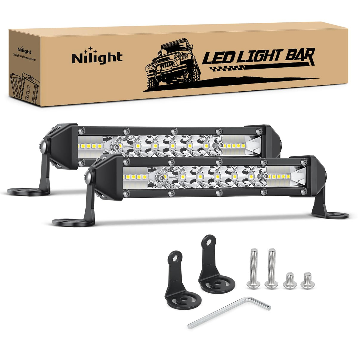Nilight - Barra de luz LED delgada, 2 unidades de 7 pulgadas, 16 luces LED de una sola fila, combo de inundación, conducción de niebla, iluminación de trabajo para parachoques de techo todoterreno