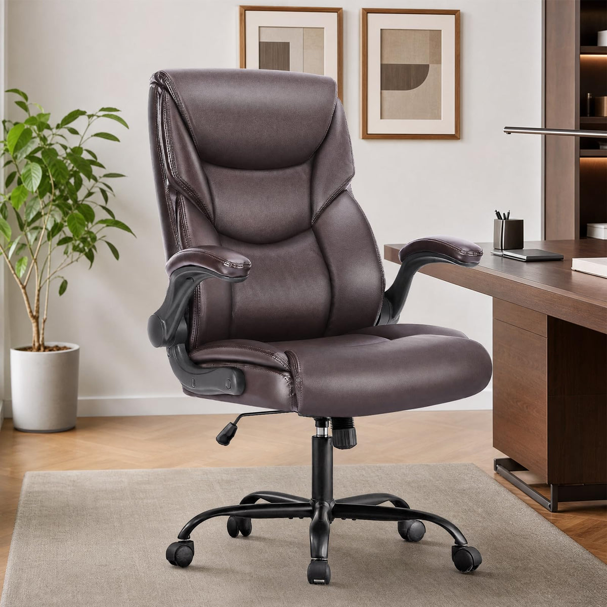 Sweetcrispy - Silla ergonómica para Juegos de computadora, Respaldo Alto, sillas de Oficina con Ruedas, Brazos abatibles, Altura Ajustable, Piel sintética, café Oscuro
