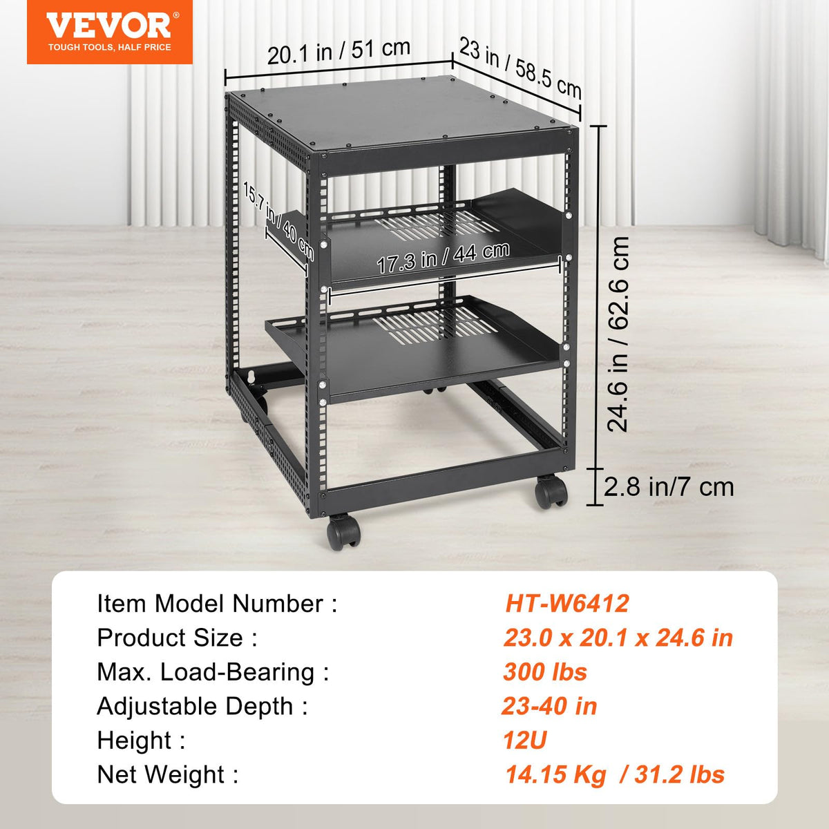VEVOR Bastidor de Servidor de Marco Abierto de 12 U de Profundidad Ajustable de 584,2 a 1016 mm, Bastidor de Servidor de Red con Ruedas de 360° y 4 Postes para Equipos de Red, Equipos AV, Enrutador