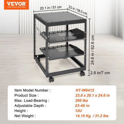 VEVOR Bastidor de Servidor de Marco Abierto de 12 U de Profundidad Ajustable de 584,2 a 1016 mm, Bastidor de Servidor de Red con Ruedas de 360° y 4 Postes para Equipos de Red, Equipos AV, Enrutador