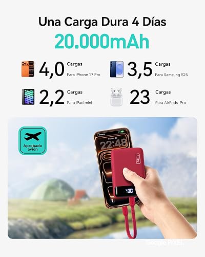 INIU Power Bank, Pequeño 20000mAh 22,5W Carga Rapida Bateria Phone Externa | Cable USB C Desmontable, Apto para Avión, Esenciales de Viaje, Bateria Portatil para iPhone 17, Samsung, iPad, etc. [Rojo]