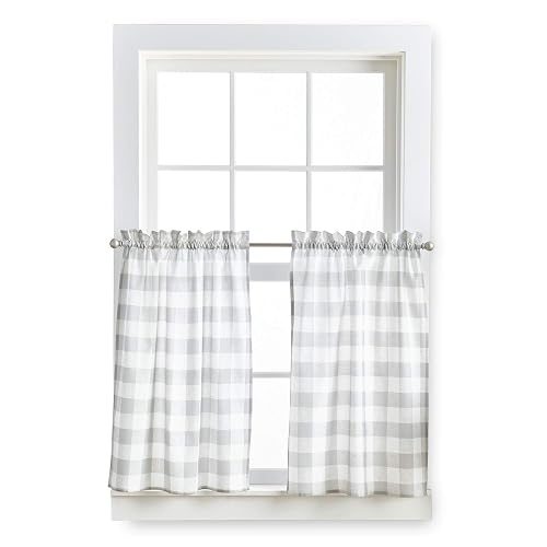 Curtain Works Country - Cortinas rústicas Modernas para Cocina, diseño de búfalo a Cuadros y Cenefa de café, Juego de 3 Piezas, 36 Pulgadas, Color Gris Blanco